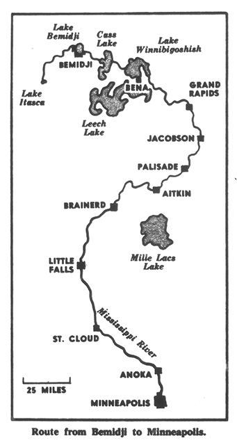 Line drawing showing the route of race, with city names spelled out along a line, and filled-in shapes for lakes.